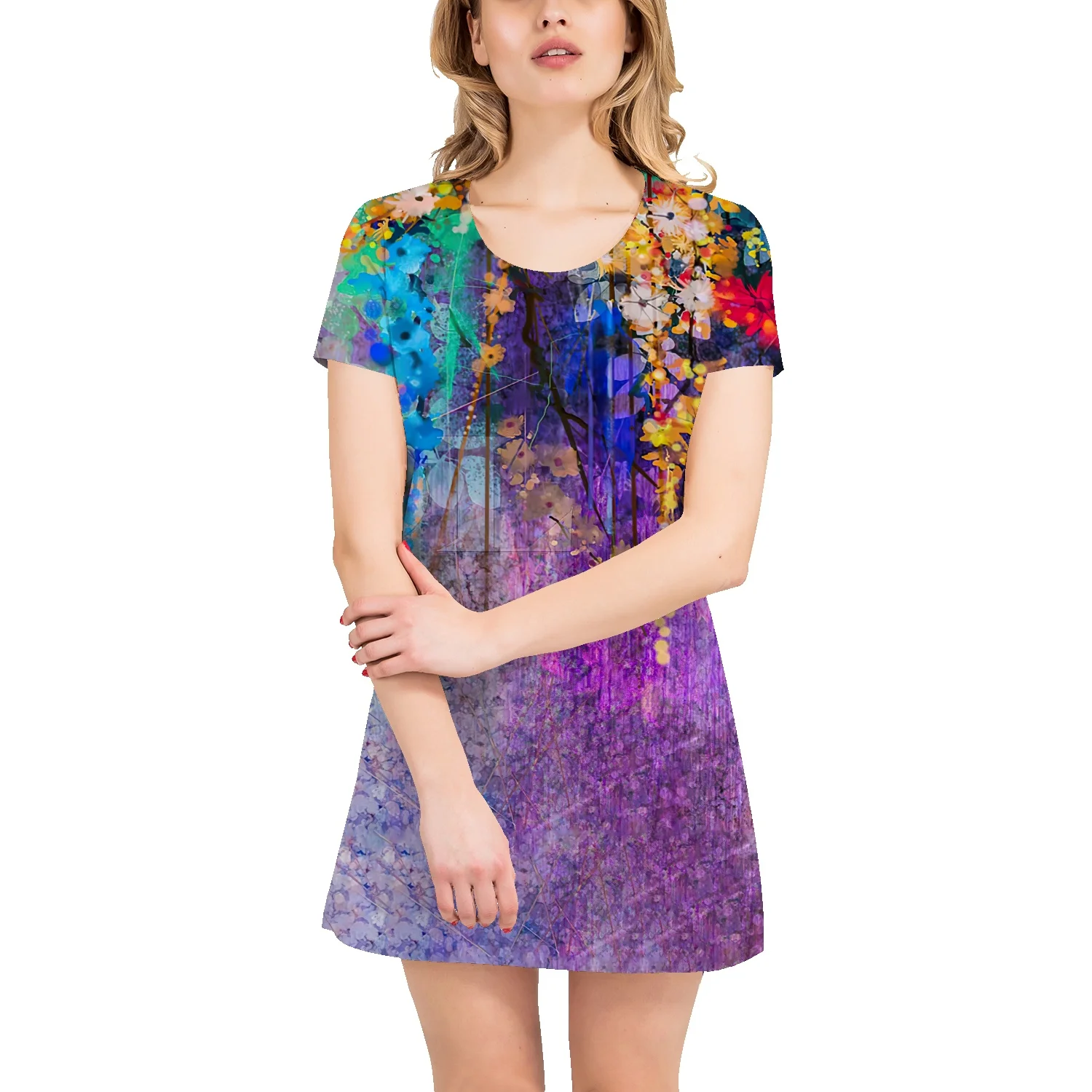 

Flower hand-painted oil painting cotton t-shirt women's short-sleeved skirt 2022 new simple casual dress loose t-shirt skirt