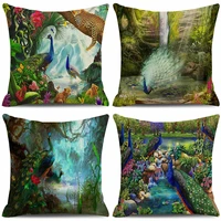linen forest peacock printed pillowcase sofa cushion cover home decoration can be customized for you 45cm