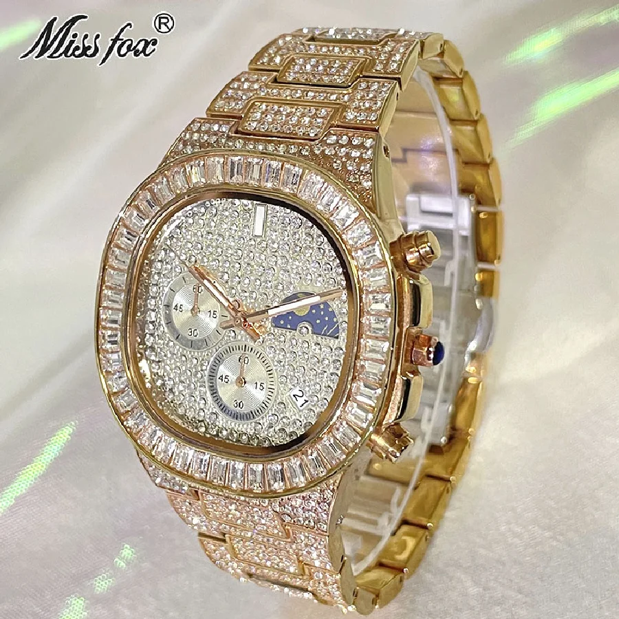 

Hip Hop MISSFOX Rose Gold Watch For Men Luxury Diamond Moon Phase Male Quartz Clock Calendar Waterproof Classic Bling Wristwatch