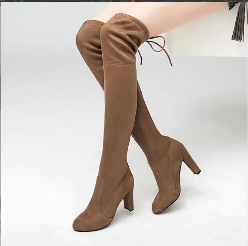 

New Women Long Boots Sexy High Heels Suede Lace-Up Over The Knee Boots Autumn Winter Shoes Female Slim Thigh High Boots Large