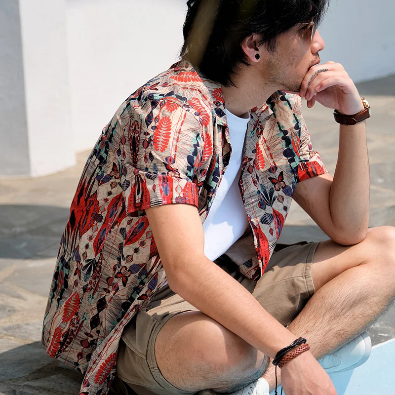 Summer short sleeve men's Japanese vintage vintage Hawaiian beach print loose casual Cuban collar shirt
