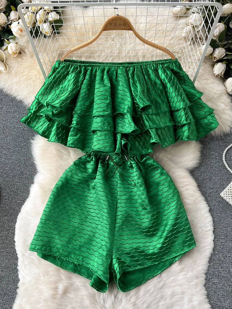 

Sexy Slash Neck Off Shoulder Ruffle Rompers Women Summer Elegant High Waist Wide Leg Playsuits Green/White/Black Jumpsuits New