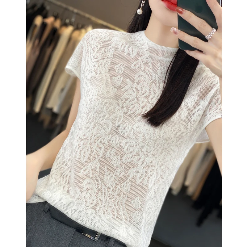 

Women's Knitted Short-Sleeved Sweater Spring New Women's Design Top Lace Loose Bottoming Shirt