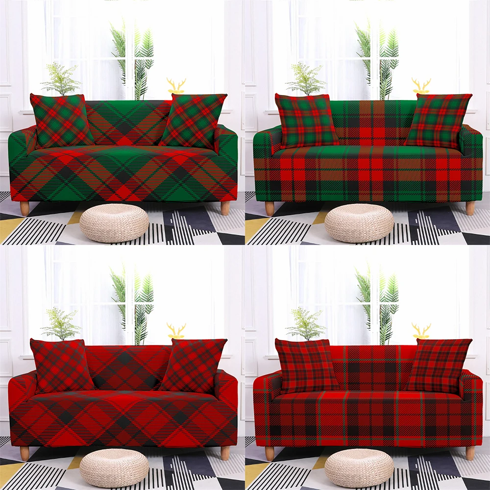 

Christmas Plaid Print Elastic Sofa Cover All Inclusive Sofa Protector Anti-dirty Couch Cover for Living Room Slipcover