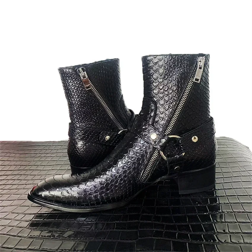 Мужские ботинки ручной работы из коровьей кожи со змеиным ремешком и пряжкой в