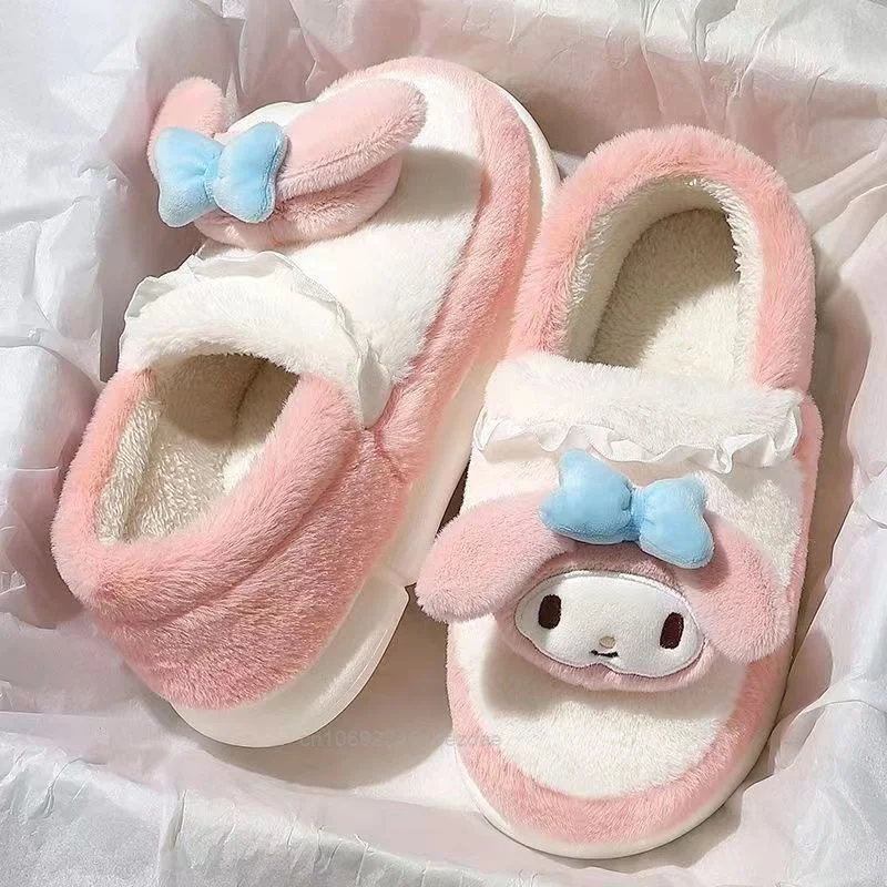New Sanrio Kuromi Fashion Plush Slipper Women Warm Home Winter Thicked Shoes Girl Hello Kitty Cotton Indoor Full Coverage Shoes