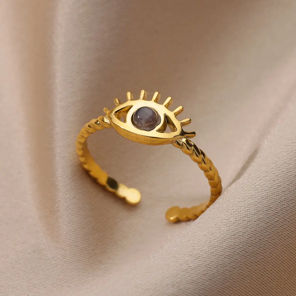 

Black Opal Evil Eye Rings For Women Stainless Steel Gold Color Open Adjustbale Ring Aesthetic Wedding Ring Jewelry Party Gift