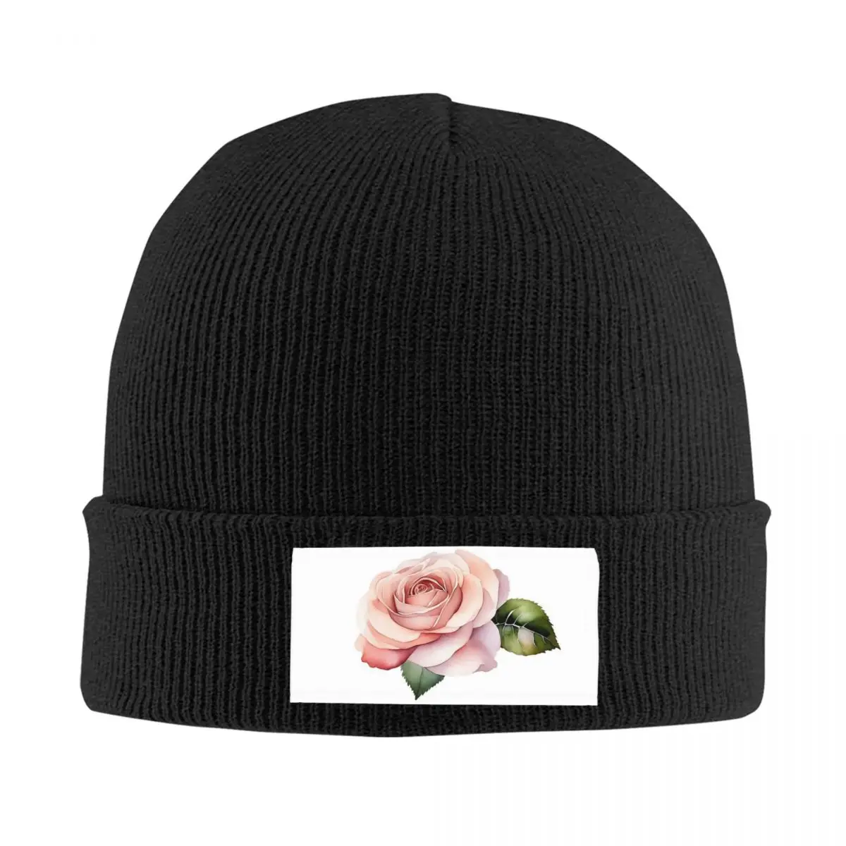 

Watercolor Rose Knitted Hat Velvet Applique Elastic Festival Gift