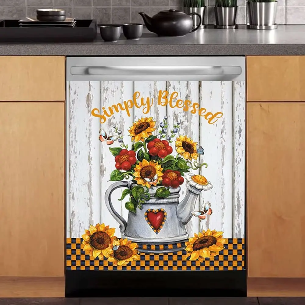 

Homega Magnetic Simply Blessed Dishwasher Cover,Sunshine Sunflower Fridge Door Magnet Cover,Wood Plaid Floral Refrigerator Panel