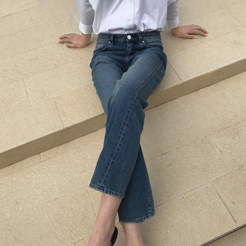 

Rowling Nordic Casual Straight Twisted Stitch Asymmetrical Design Nine-point Small Straight Female Jeans