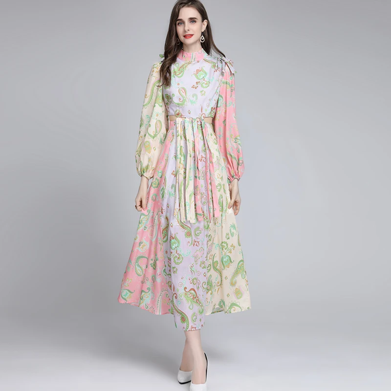 

Women's Dresses Stand Collar Long Sleeves Printed Tassels Sexy Keyhole Fashion Casual Mid Dress Vestidos