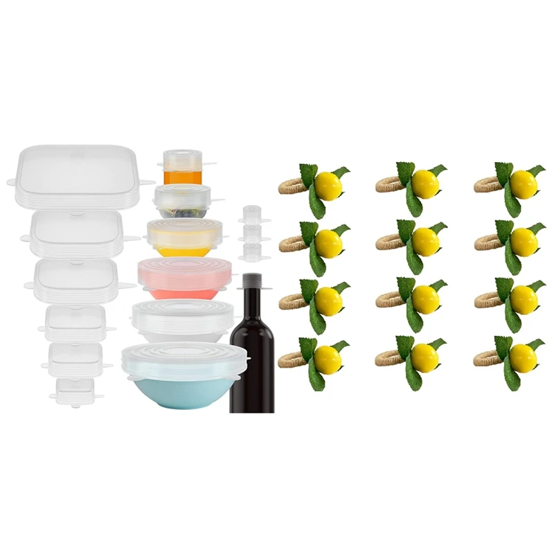 

1Set Silicone Stretch Lids 16 Airtight Magic Stretchy Lids & 12Pcs Simulation Lemon Plant Napkin Ring Fruit Meal Buckle