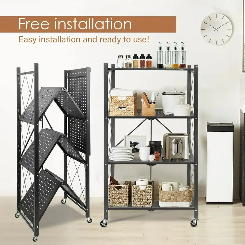 

Storage Shelf Foldable Metal Shelving Units with Wheels, Black