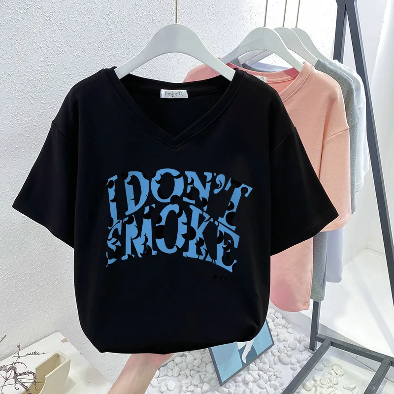 

Plus Size T Shirt 100% Cotton L-6XL Tshirt Short Sleeve Women Top Summer Letter Printed Casual V Neck Oversized T Shirts