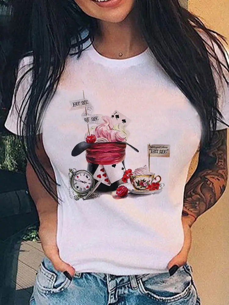 Женская футболка Disney летняя с надписью Алиса в стране чудес модная стиле