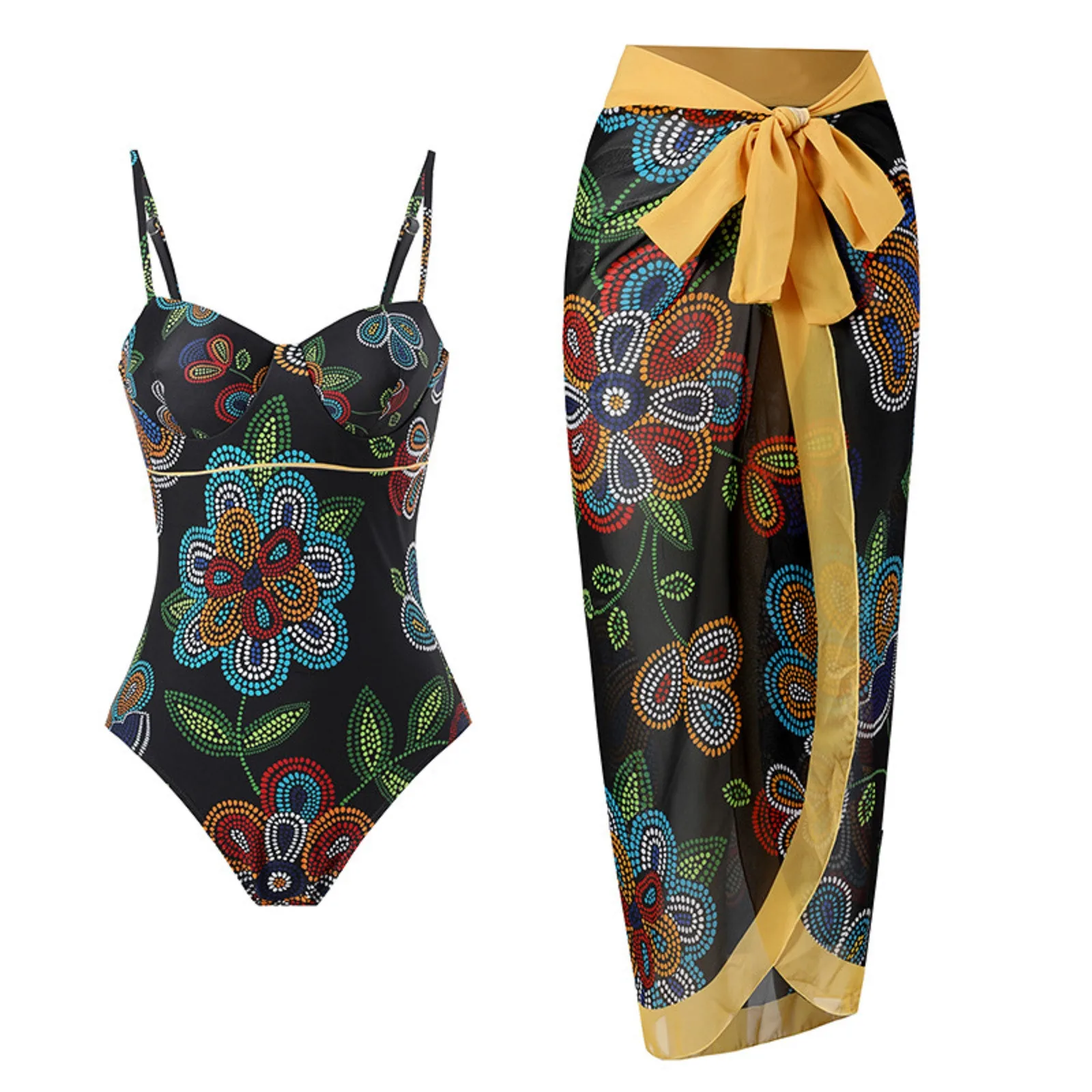

Women 1 Piece Swimwear+1 Piece Cover UP Two Piece Vintage Print Swimsuit Monokini Bikini 2 Piece Women's High Waisted Bikini