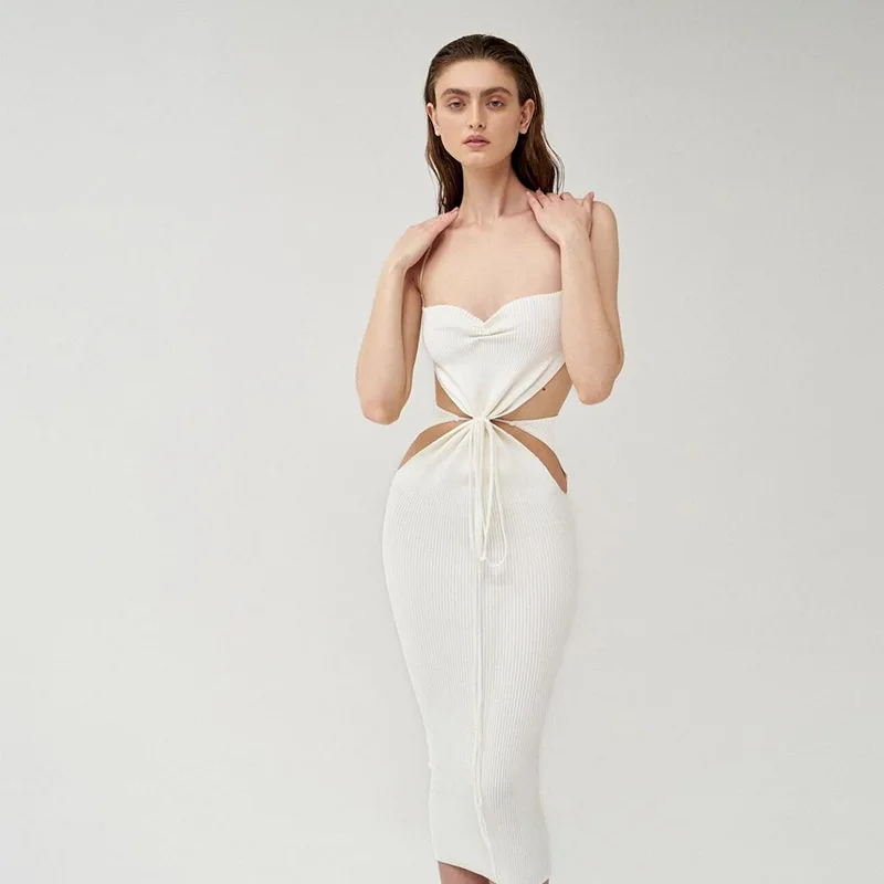 

Znaiml 2022 Sexy Elegant Party Birthday Evening Outfits for Women Hollow Out Halter Lace Up Solid Bodycon Backless Midi Dress