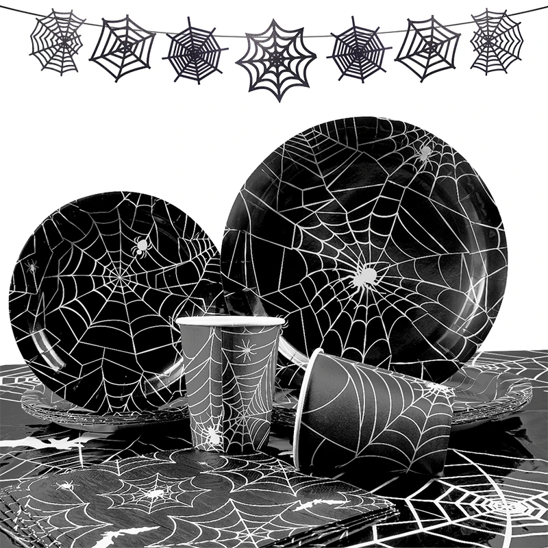 

Halloween Party Disposable Tableware Spider Web Pattern Black Plate Cup Tablecloth Halloween Trick or Treat Dinner Table Decor