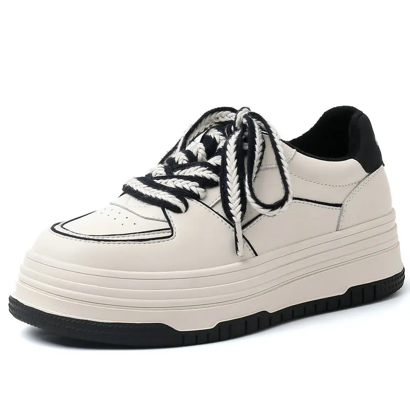 2023 New Launch Spring Women Modern Small White Shoes Natural Genuine Leather Cowhide Skateboard Vulcanize Platform Shoes