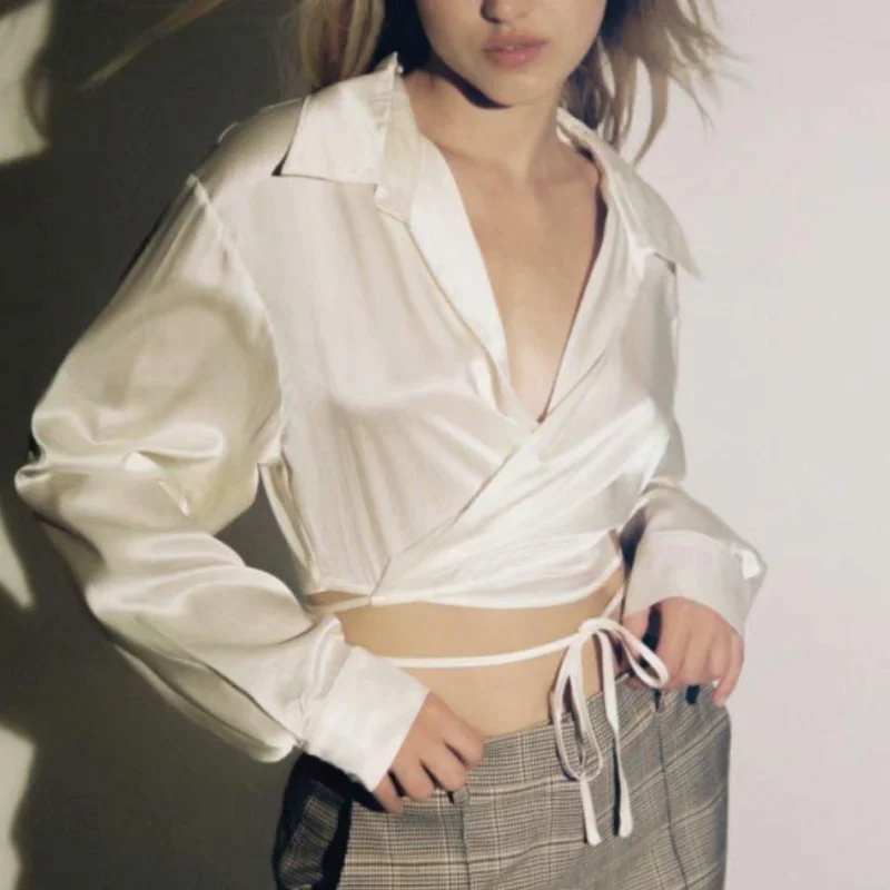 

Summer fashion sexy womens tops and blouses long sleeve crop top women satin blouse elegant wrap top luxury bandage top black