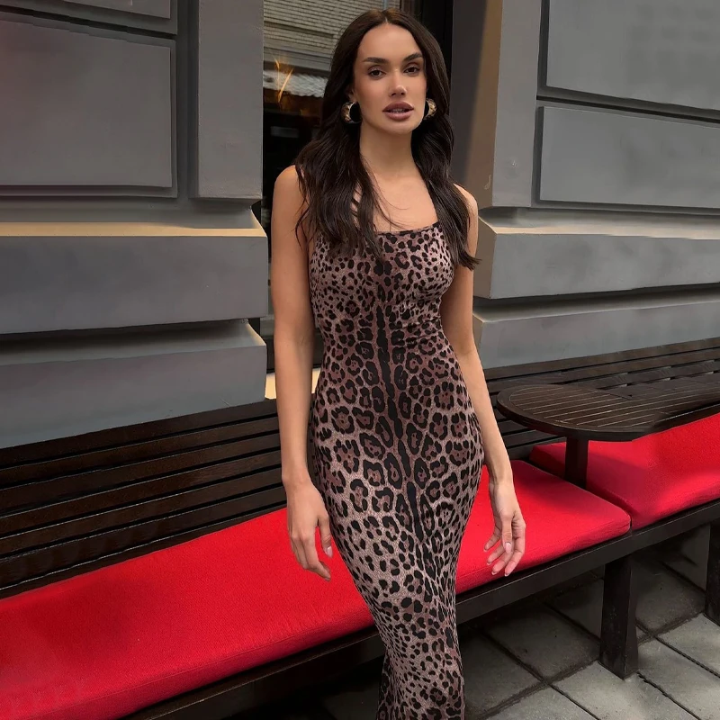 Женское платье-макси с леопардовым принтом длинное платье-Русалка на