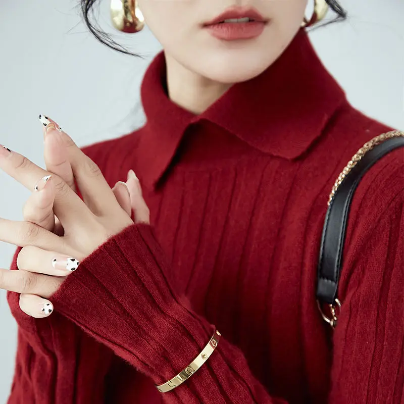 

New-Coming Winter Tops Solid Button Turn-down Collar Pullovers Female Thick Turtleneck Knitted High Street Women Sweater V330