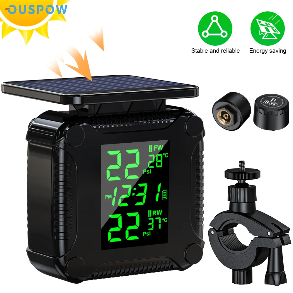 

Ouspow TPMS Motorcycle Tire Pressure Monitoring System With 2 External Sensors LCD Display Temperature Alarm USB Solar Charging