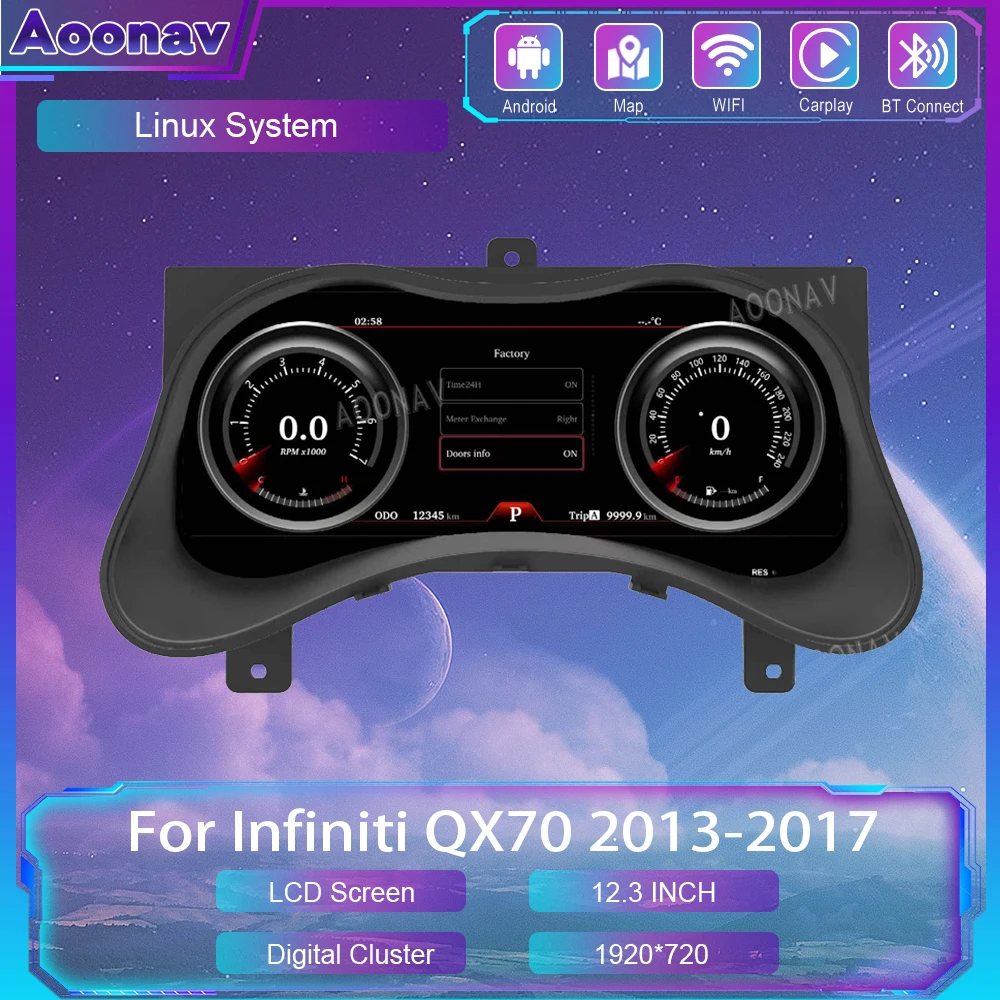 

Цифровой кластер для Infiniti QX70 2013-2017 12,3 дюйма, ЖК-дисплей, система Linux, приборная панель, спидометр, экран виртуальной кабины