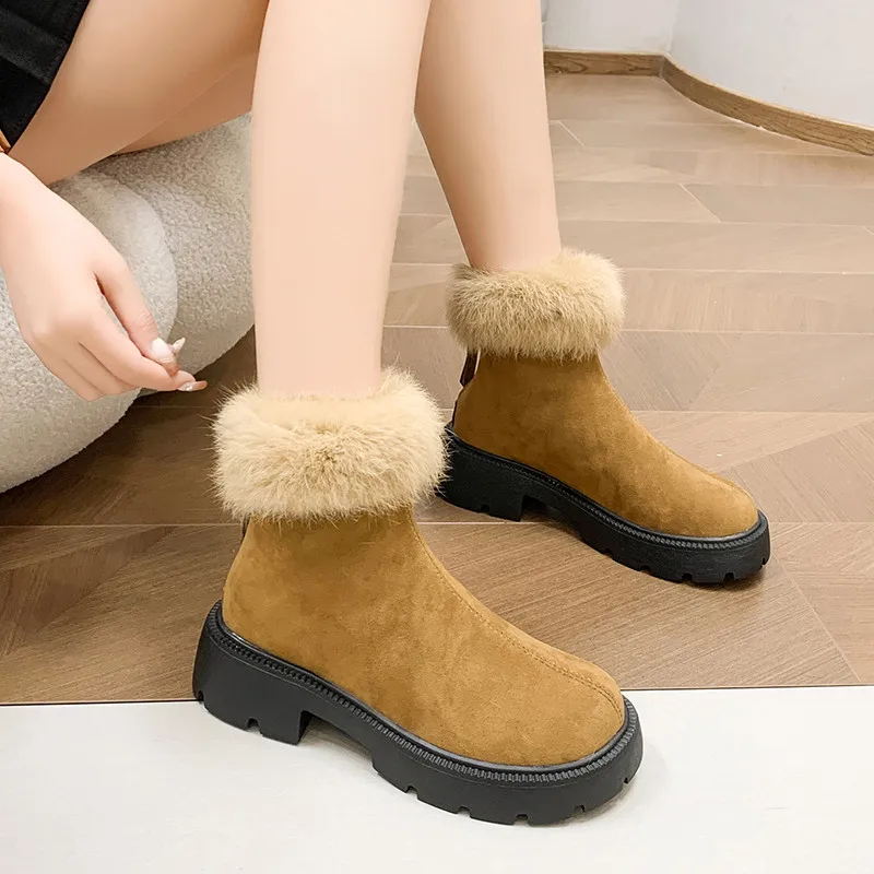 

Зимние женские ботильоны на квадратном каблуке, плюшевые угги с круглым носком, теплые Нескользящие женские ботильоны, женские ботильоны н...