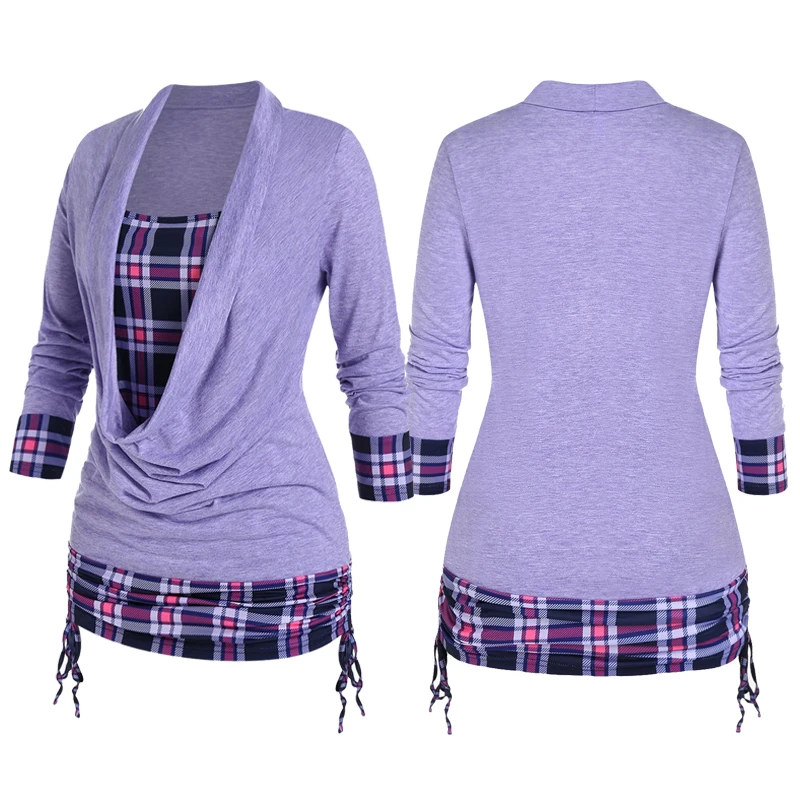 

4XL Plaid Draped Cowl Cinched Ruched 2 in 1 Tees Women Long Sleeves T Shirt Faxu Twinset Top Tunic Blouses Shirt