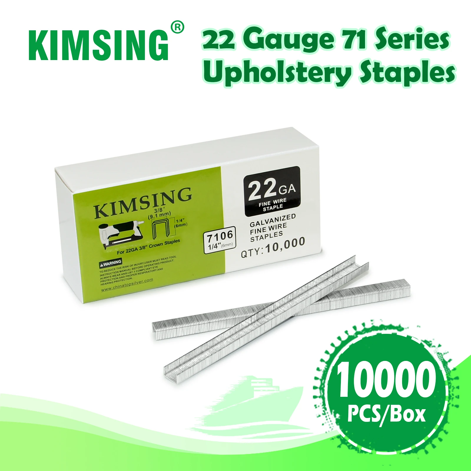 KIMSING 22 Gauge 71 Series 7106(6mm) & 7110(10mm), 9mm Crown Galvanized Upholstery Staples, 10000 PCS/Box, for Woodworking
