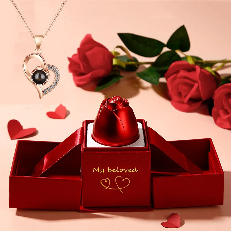 

100 Languages I Love You Projection Necklace With Rose Gift Box 2022 Fashion Luxury Pendant Jewelry For Girlfriend Best Gifts