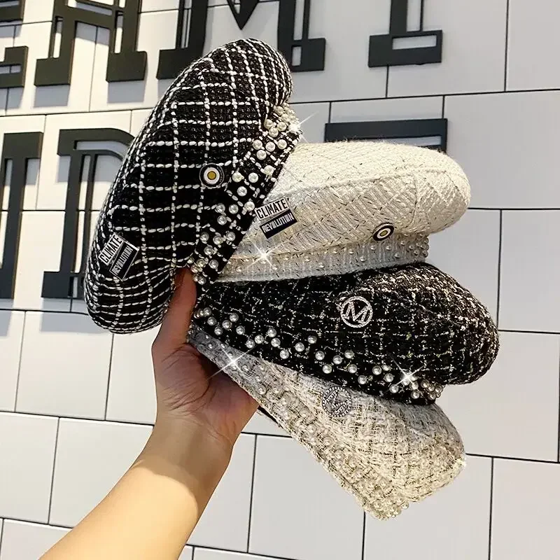 Новинка 2024 женская шляпа Maershei осенне-зимний клетчатый берет с жемчугом модная