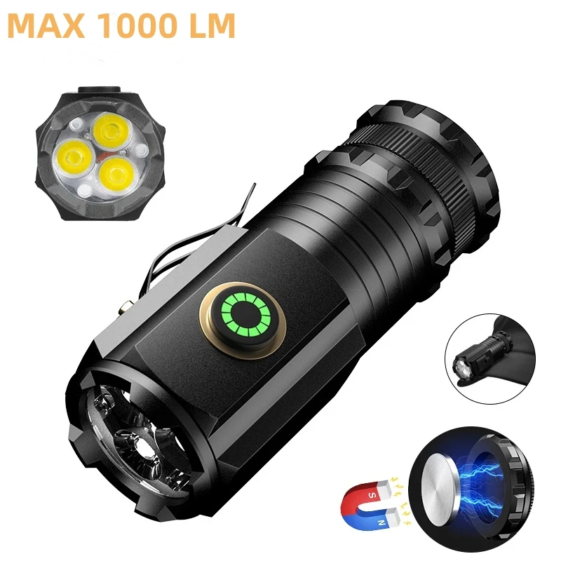 

YF019 Portable 18350 Mini Flashlight 3*P35 LED 1000LM Multifunction Electric Display Type c Rechargeable Torch with Magnet Tail