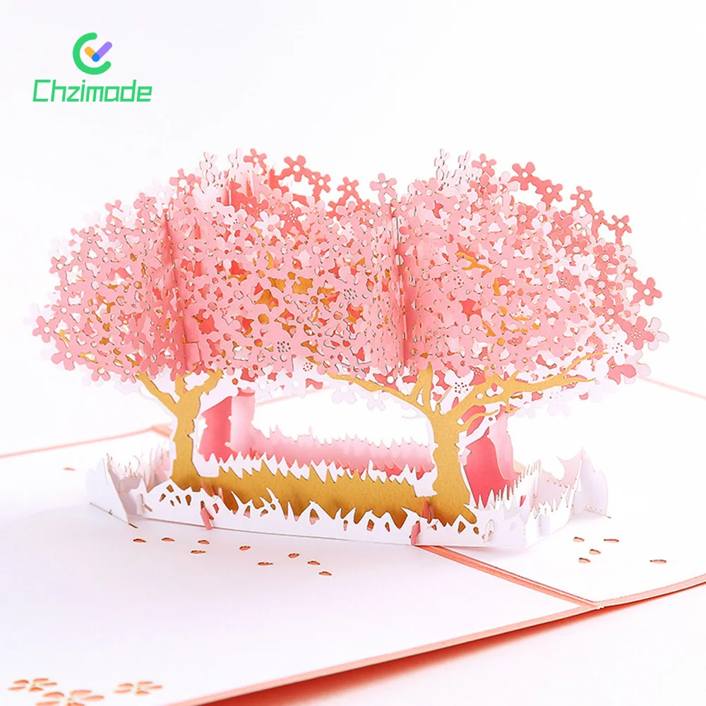 

Cherry Blossoms Trees Three-dimensional Greeting Card Handmade Cards for Birthday Christmas Party Wedding Decor Sakura Postcard