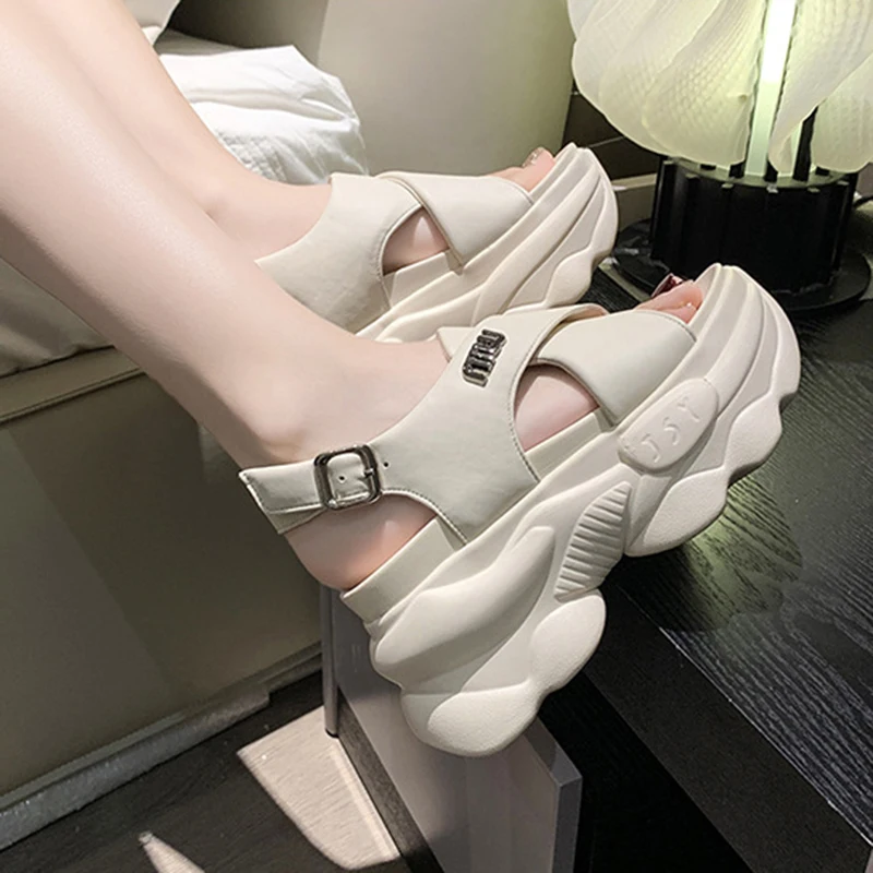 9CM Heightening Thick Bottom Heightening Women's Sandals Summer Fashion Casual Wedge Beach Slippers Non-slip Wear-resisting