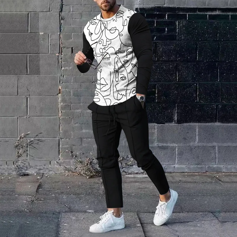 New Men's Long-sleeved T-shirt Suit Fashion Street Style Clothing Slim Sportswear Two-piece Set O Collar Sweatshirt Pullover