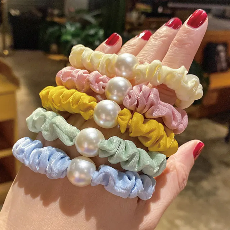 

Hot Women's Hair Rope Intestine Shape Breathable Girls Sweet Hair Bands Candy-Colored Imitation Pearl Headdress Fashion Jewelry