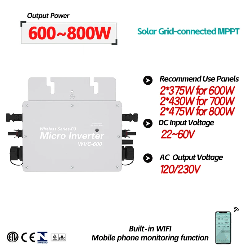 

600W 700W 800W Micro Solar Panel Smart Inverter Pure Sine Wave 36V MPPT Automatic Adaptation Voltage for 110V 220V AC