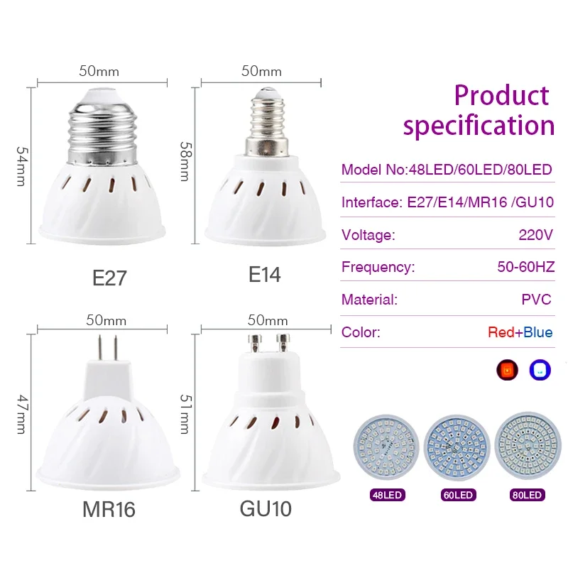 10 шт. светодиодная лампа для выращивания растений переменного тока 220 В E14 E27 MR16 GU10