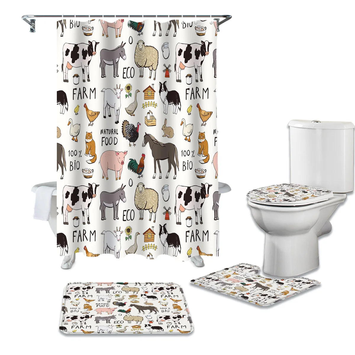 

Корова, свинка, коза, курица, утка, буквы, принт, занавеска для душа, набор, ковер, крышка для туалета, коврик для ванной комнаты, бытовой