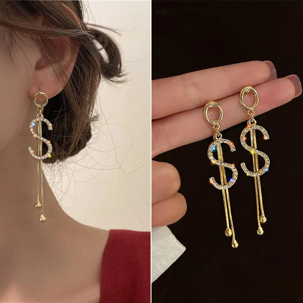 

Fashion Rhinestone Dollar Icon Shape Hanging Shiny Dangle Exaggerated Women's Earrings Jewelry Gift Earrings For Girls