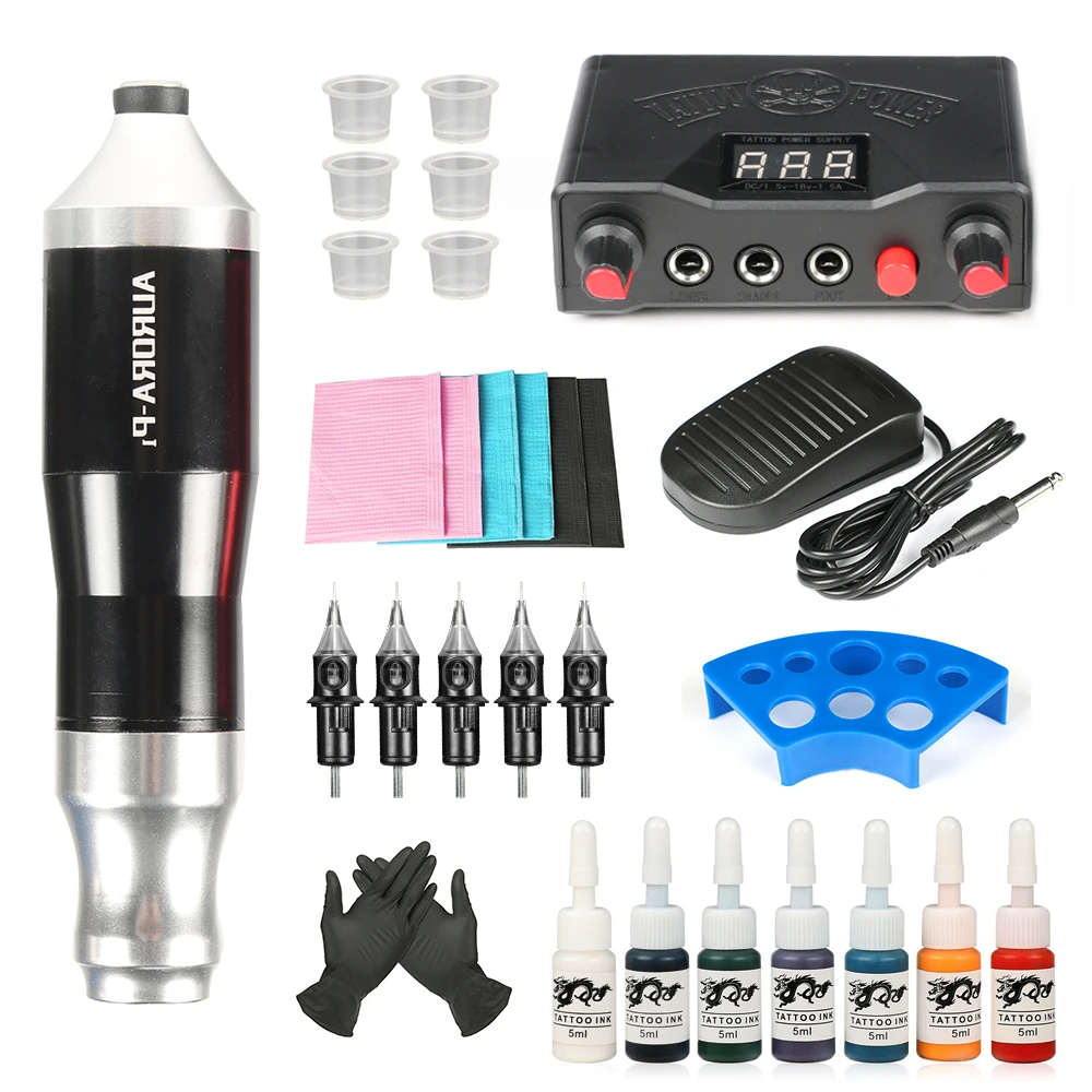 

Tattoo Kit Rotary Tattoo Machine Pen Sets Aurora-P1 Double Mode Power Supply With 5pcs Cartridges Needles Makeup Ink Supplies