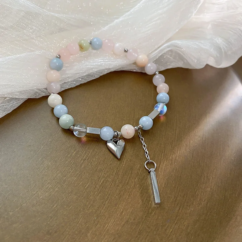 

Minar Sweet 2 Designs Shiny Opal Crystal Beaded Bracelet for Women Colorful Beads Love Heart Elastic Charm Bracelets Accessories
