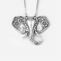 vintage style engraved flower texture ears unique elephant head pendant necklace fashion glamour womens metal pendant necklace