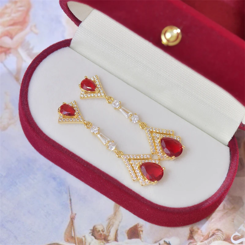 Модные длинные серьги-подвески из красного циркона в форме капли воды для женщин