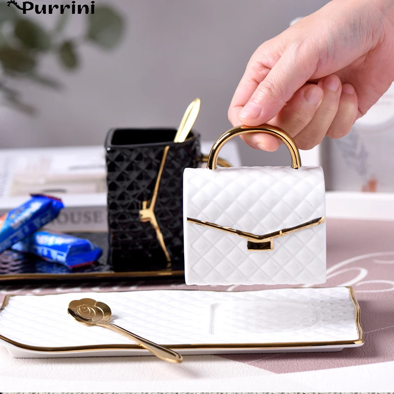 

Набор кофейных чашек, керамический кожаный мешок, чашка и тарелка, высококачественный женский роскошный набор для послеобеденного чая, кре...