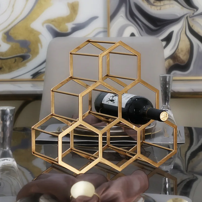 

Wine rack decoration simple modern metal bronze living room home hotel model honeycomb wine