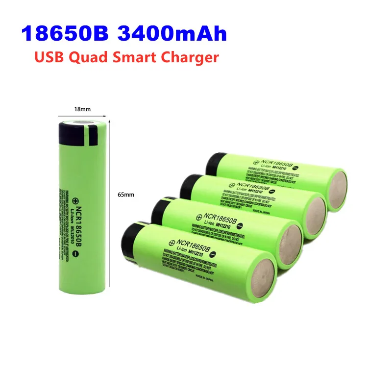

1-10pcs NCR 18650B 3400mAh 18650 Li-Ion Rechargeable Battery for Panasonic 3.7V Torch Battery Tool + USB Quad Smart Charger