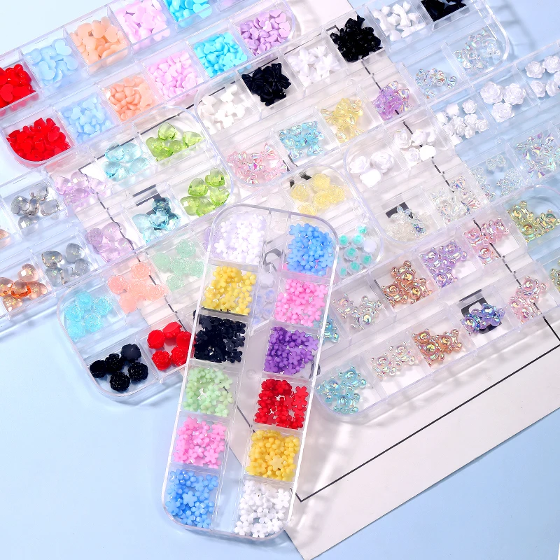 

12 Grids 3D Multicolor Acrylic Flower Mix Aurora Skirt Shell Bear Kawaii Nail Charm DIY Nail Art Accessories Decoration